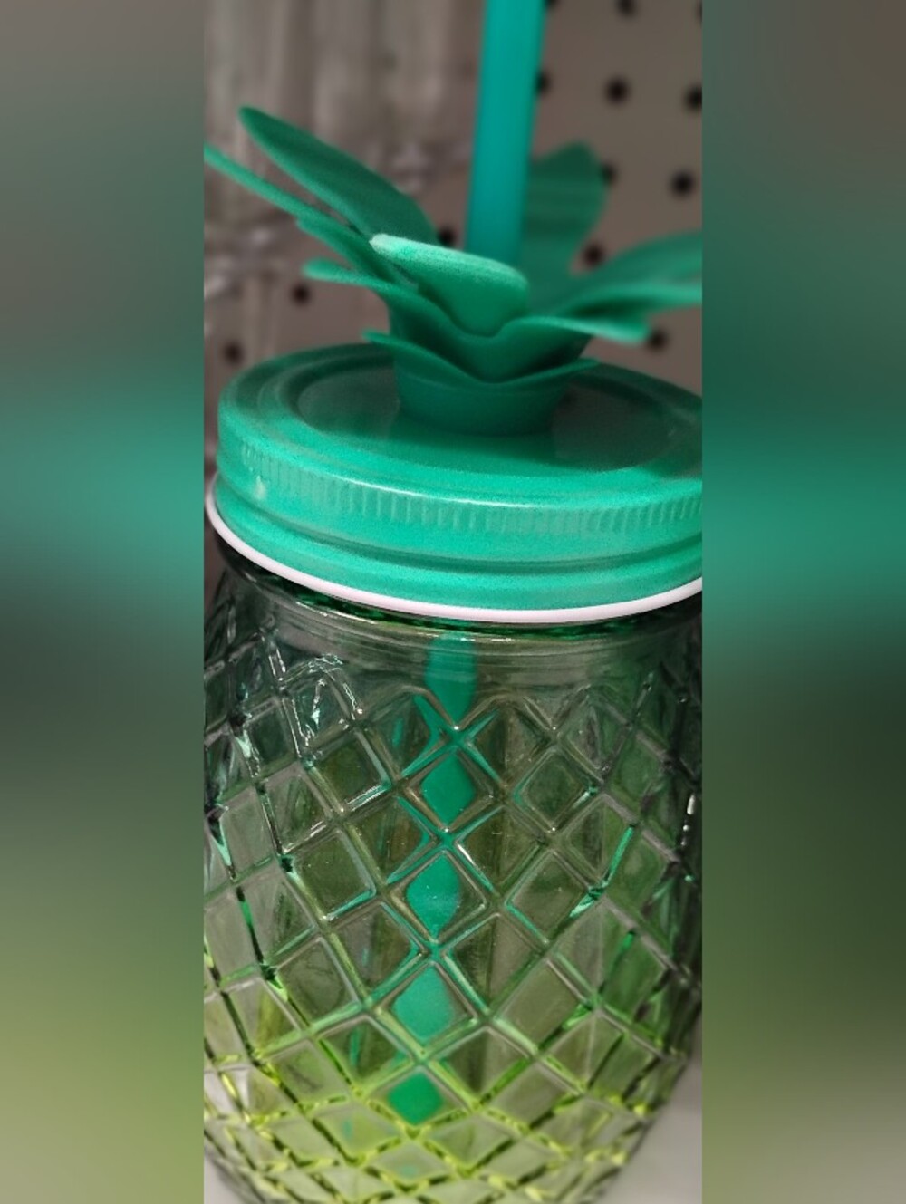 Green Pineapple Glass Jar/Tumbler with Straw & Pineapple Leaf Lid